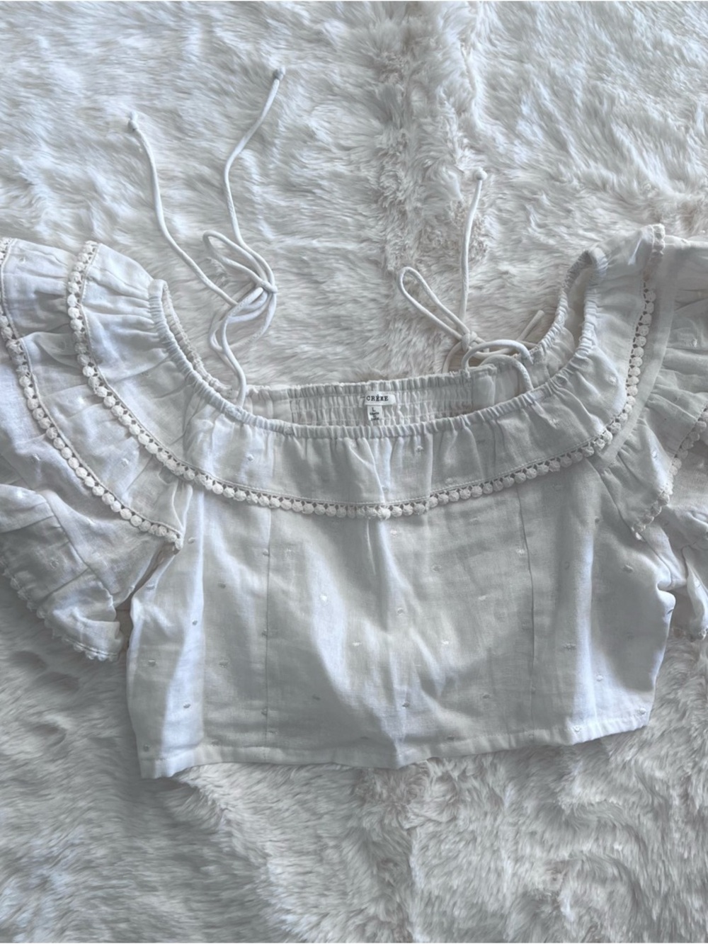 En Creme White Off-Shoulder Ruffle Crop Top Cottagecore Coastal Cowgirl Beach